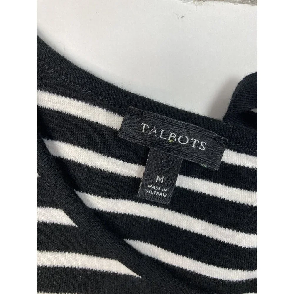*Talbots Striped Tassle Short Sleeve Dress Womens Med Black White Tie Keyhole
